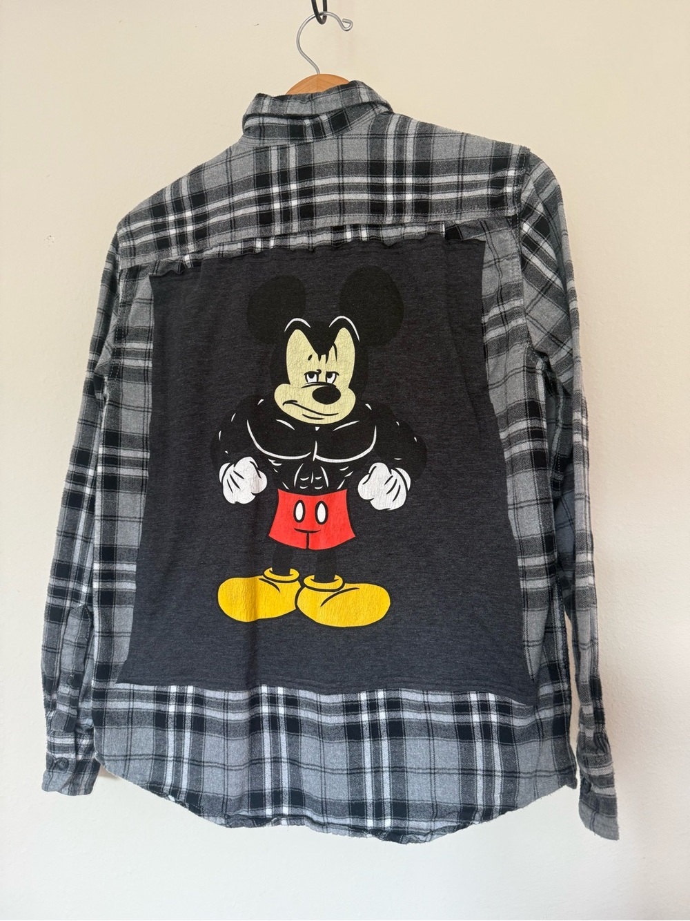 George Gray and Black Plaid Button-Down Flannel with Buff Mickey Graphic